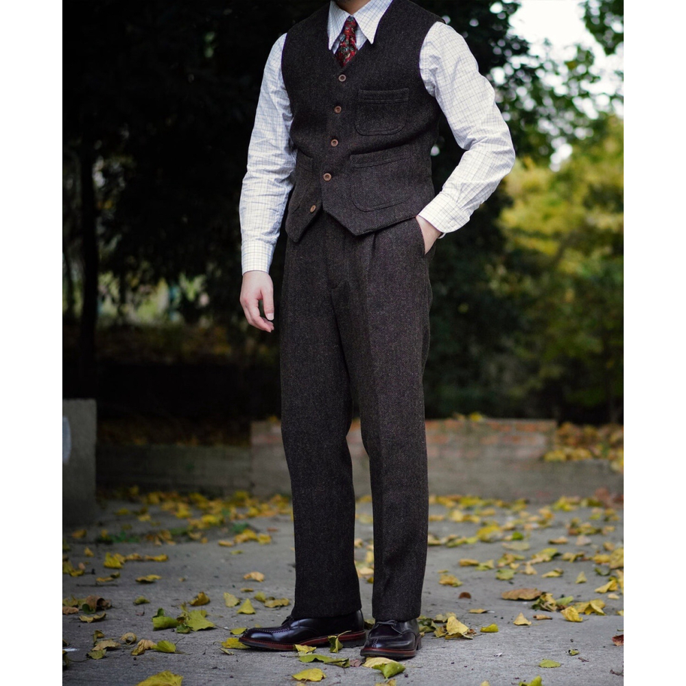 1920s Chocolate Brown Tweed Trousers Annual Ring XL - Picture 3 of 16